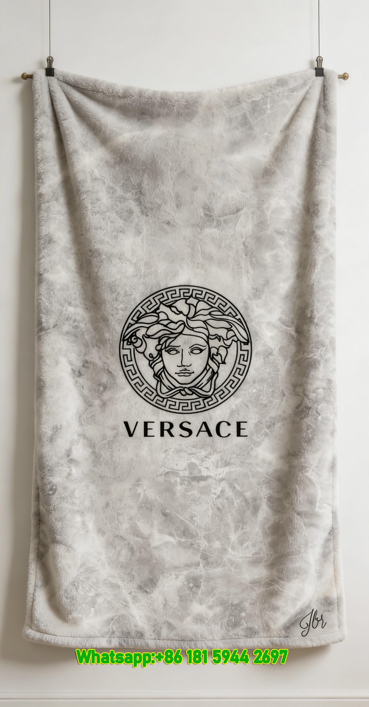 Versace Light Grey Marble Medusa Logo Flannel Throw Blanket IMG_1473